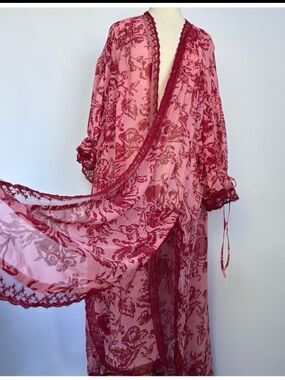 NWT Anthropologie LyreBird Embroidered Lace-Trim Kimono Robe